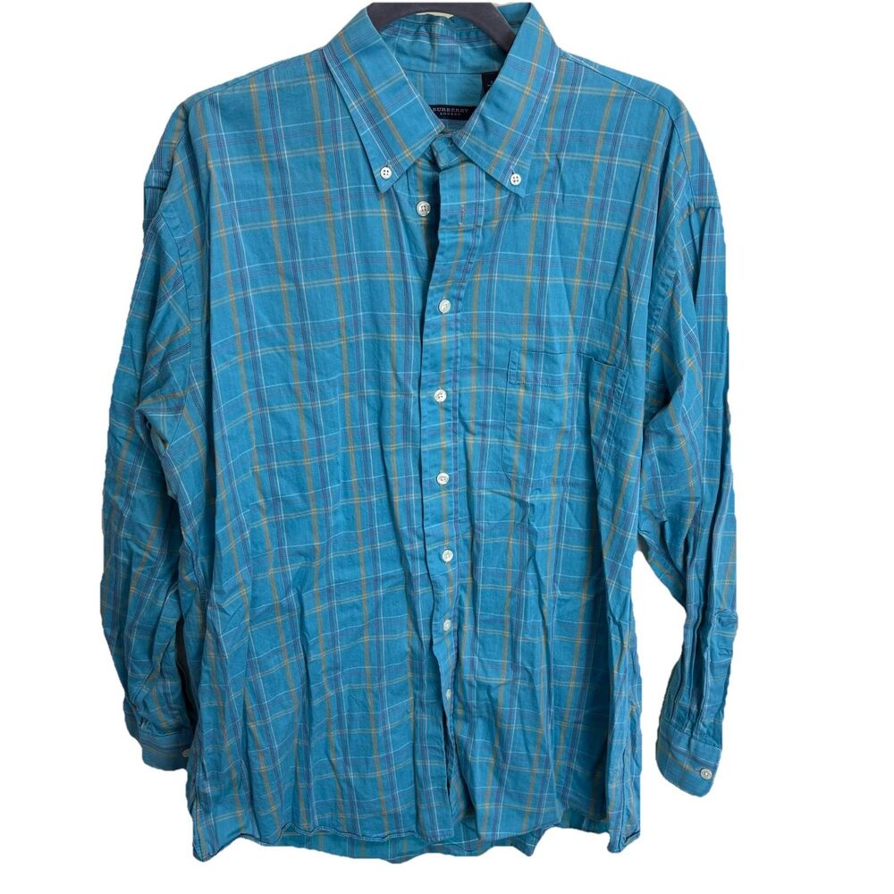 Burberry London Shirt Men's Large Blue Yellow Plaid Button-Up Cotton Long Sleeve